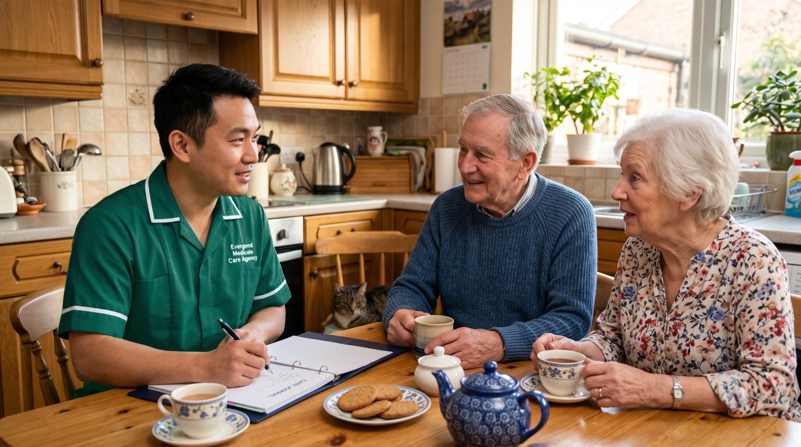 Evergood Medicals carer carrying out a free home care assessment with a couple in Crawley