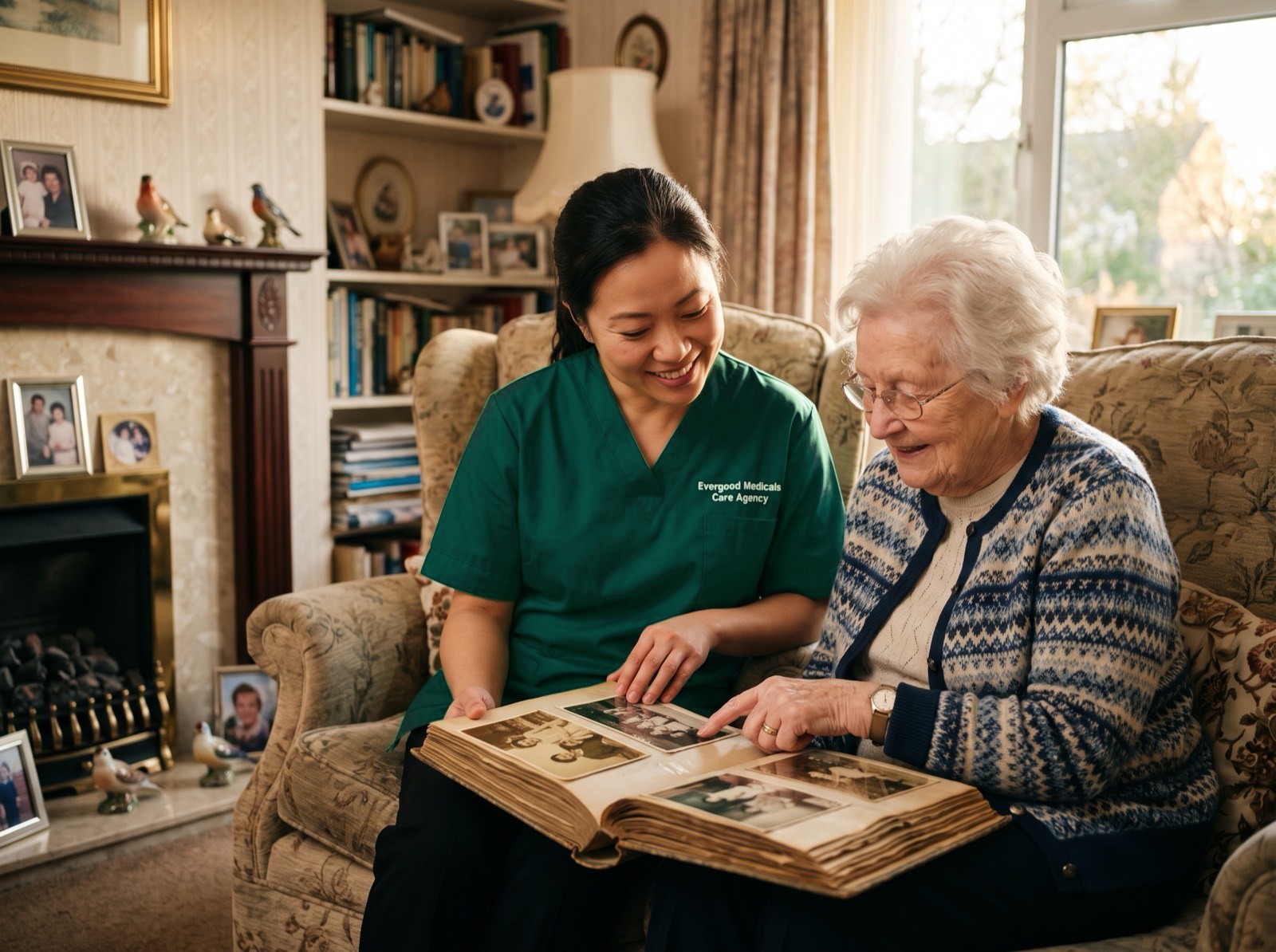 Evergood Medicals dementia carer sharing memories with an elderly lady during home care in Crawley