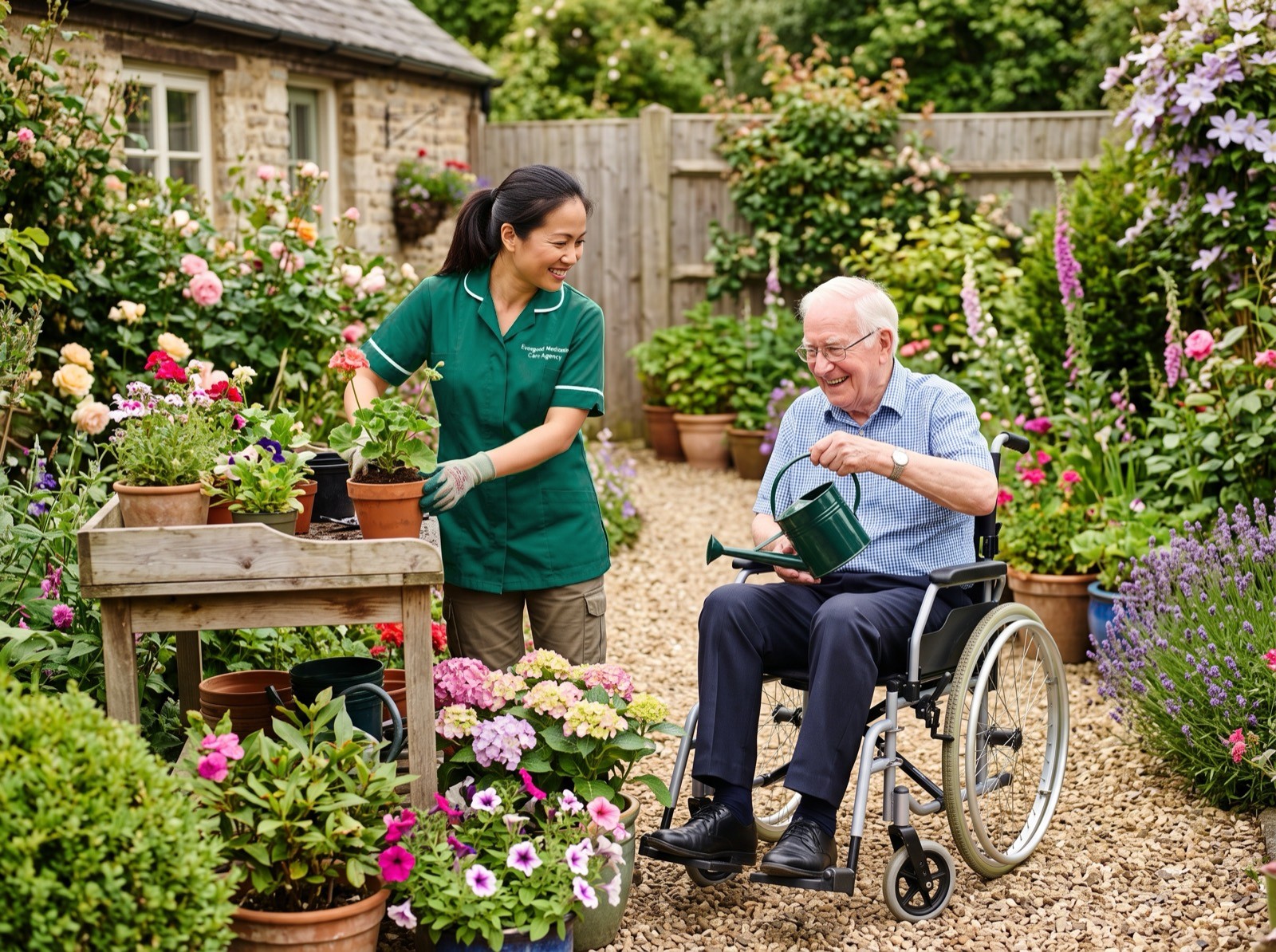 Evergood Medicals live-in carer gardening with a client receiving 24-hour home care in Crawley
