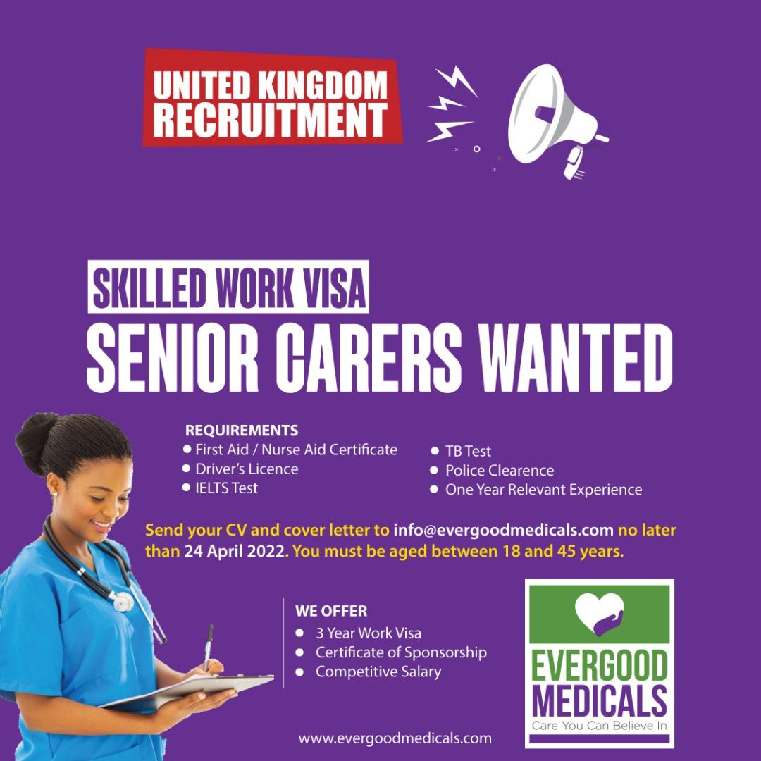 Evergood Medicals UK recruitment, senior carers wanted on a Skilled Work Visa