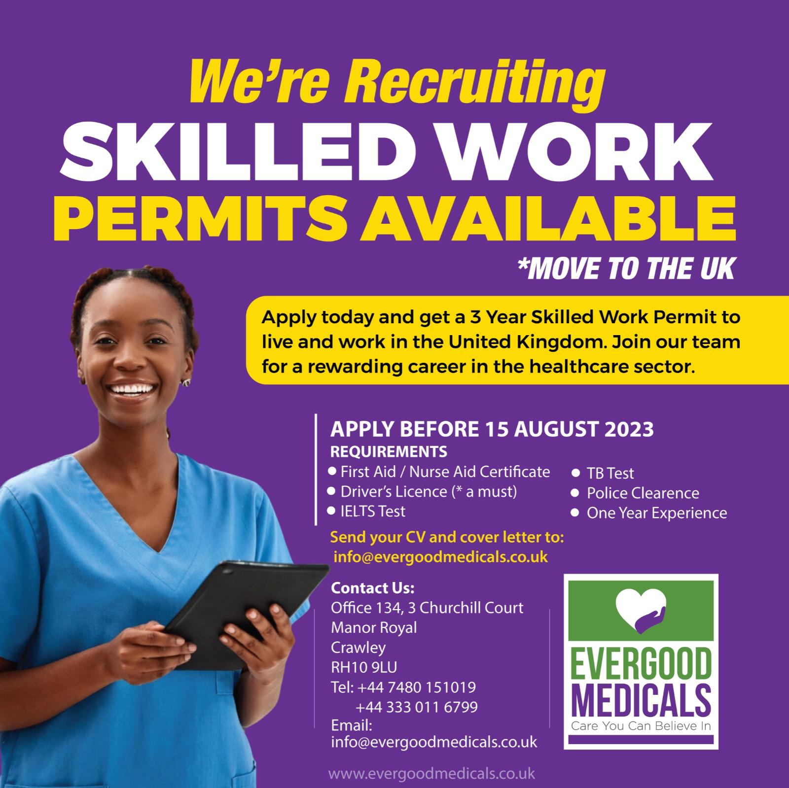 Evergood Medicals recruiting, 3 year Skilled Work Permits available to move to the UK