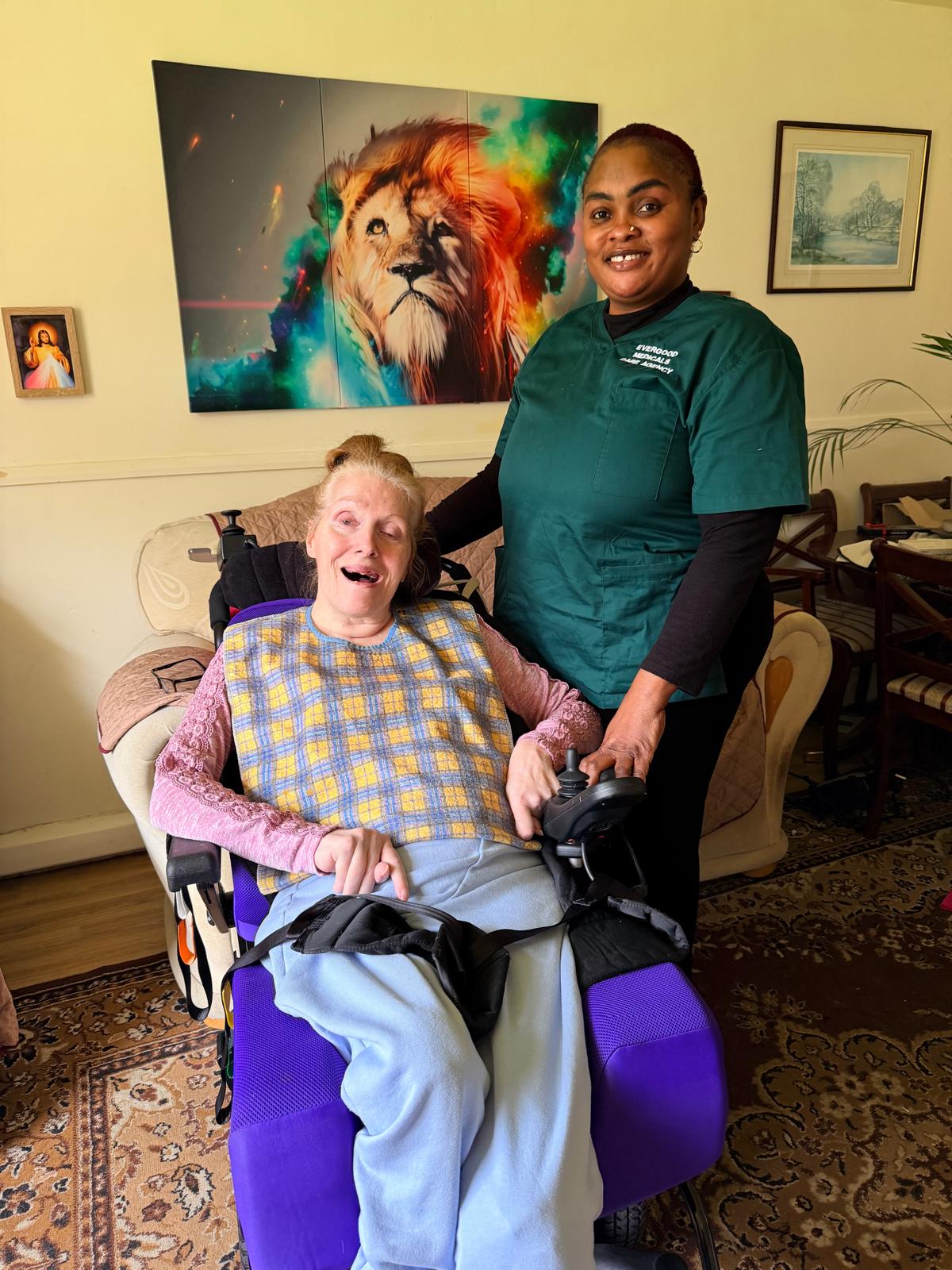 Evergood Medicals complex care specialist supporting a wheelchair user at home in Crawley